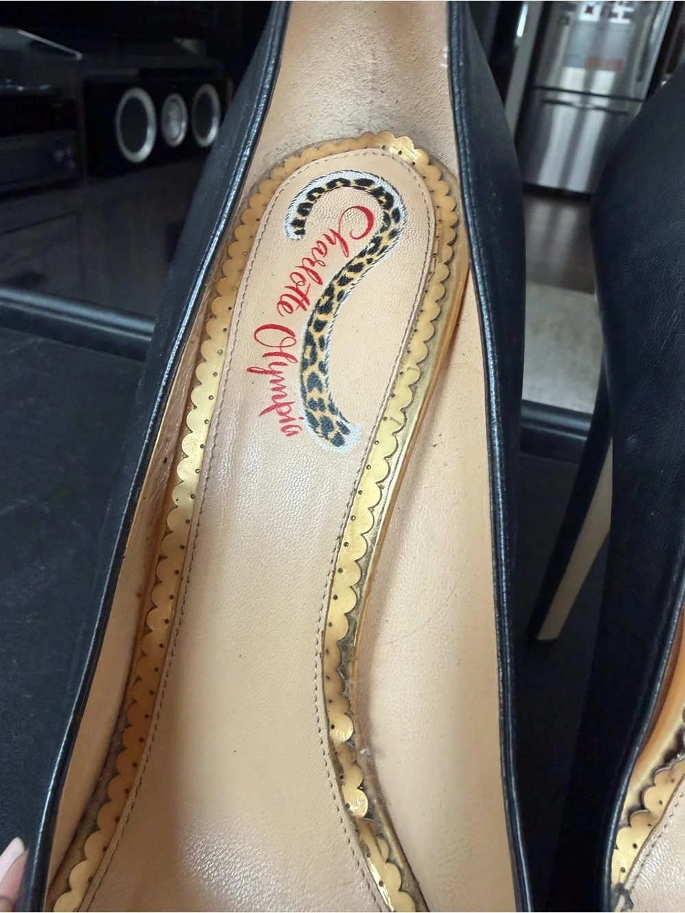 Charlotte Olympia Black Leather Platform Pumps with Gold Platform